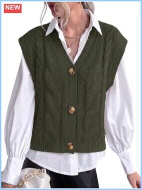 EXLURA Womens Chunky Cable Knit Sweater Vest Sleeveless Button Down V Neck